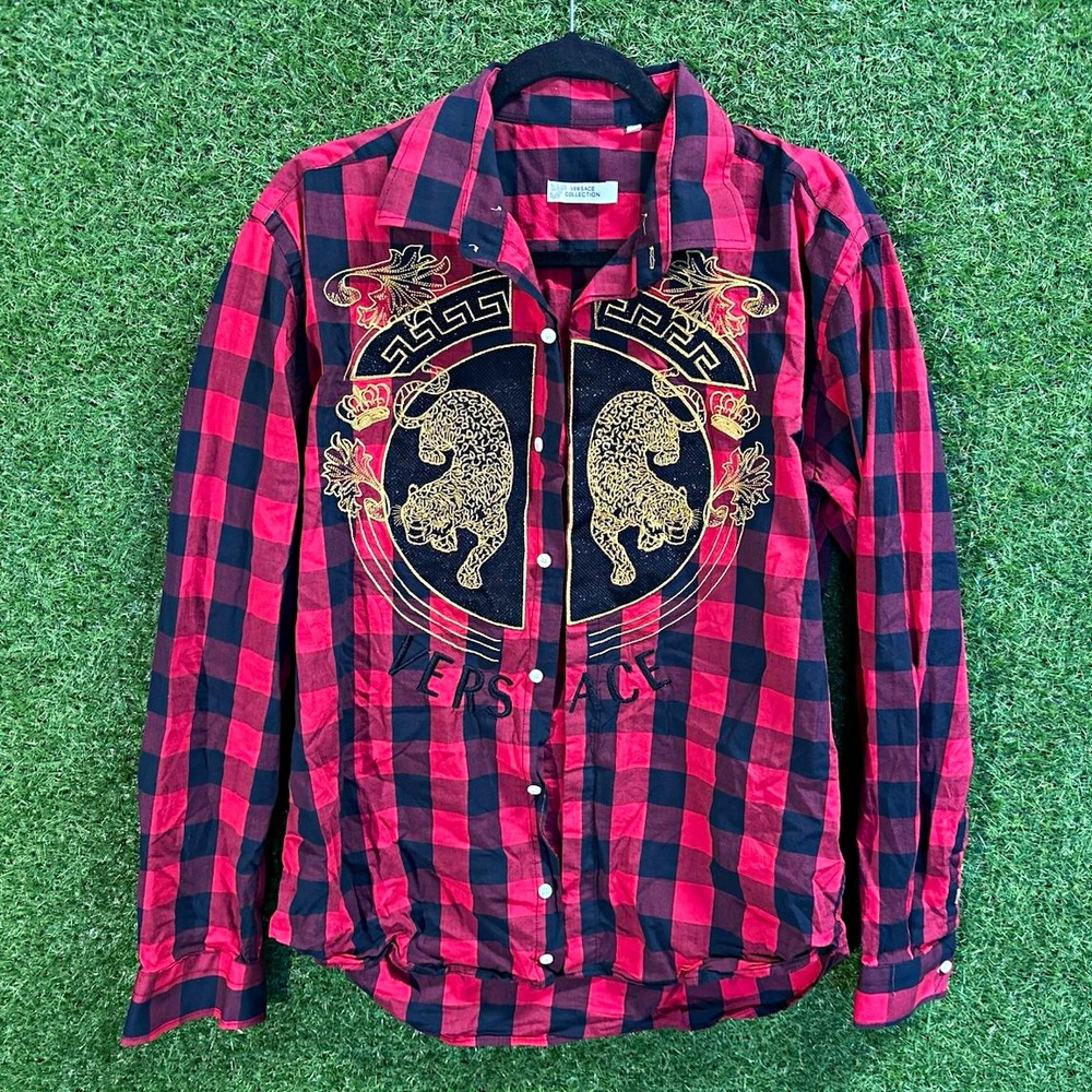 Versace Collection Red/Black Plaid Woven Embroidered Long Sleeve Button-Up L